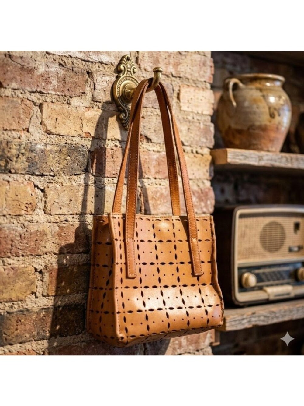 Caterina Lucchi Mini Tote Bag Tan Brown Leather Laser Cut Boho Artisan Handbag